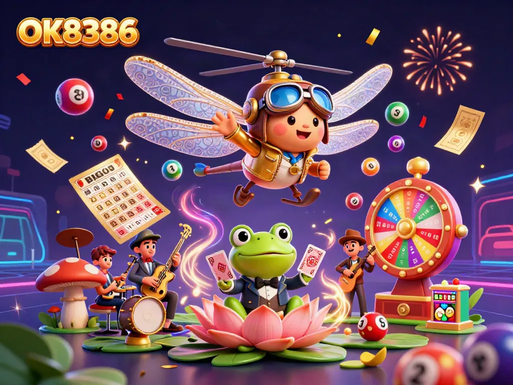 Experience the vibrant world of OK8386, where colorful lottery balls bounce around lively casino scenes.