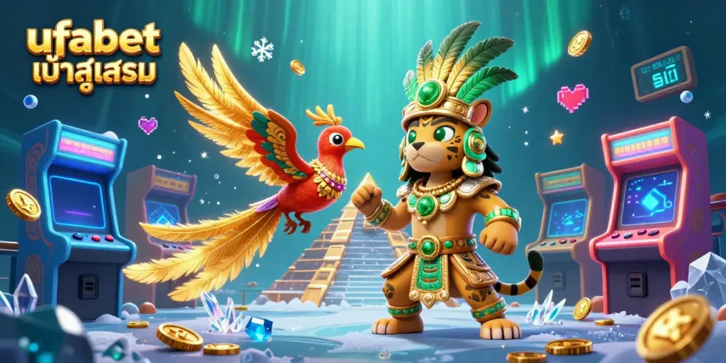 Play ufabet เข้าสู่ระบบ with a lively 3D illustration showcasing a Mayan jaguar priest and a quetzal bird amidst vibrant casino elements.