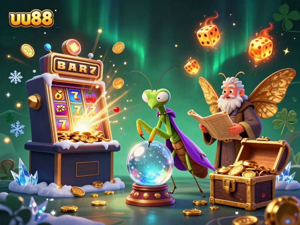 Experience the magic of uu88 with a fortune teller, librarian, and vibrant casino elements.