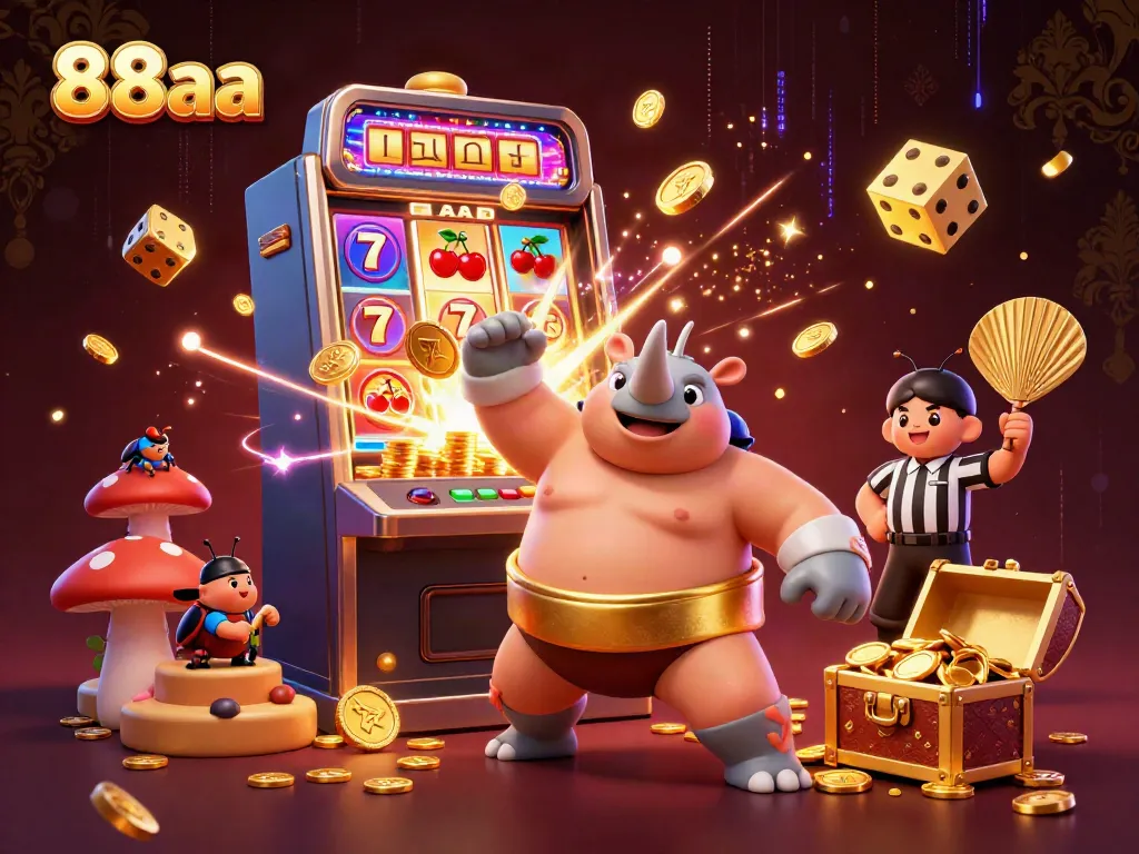 Experience thrilling action at 88aa with cartoon beetles in a vibrant casino scene bursting with coins and games.