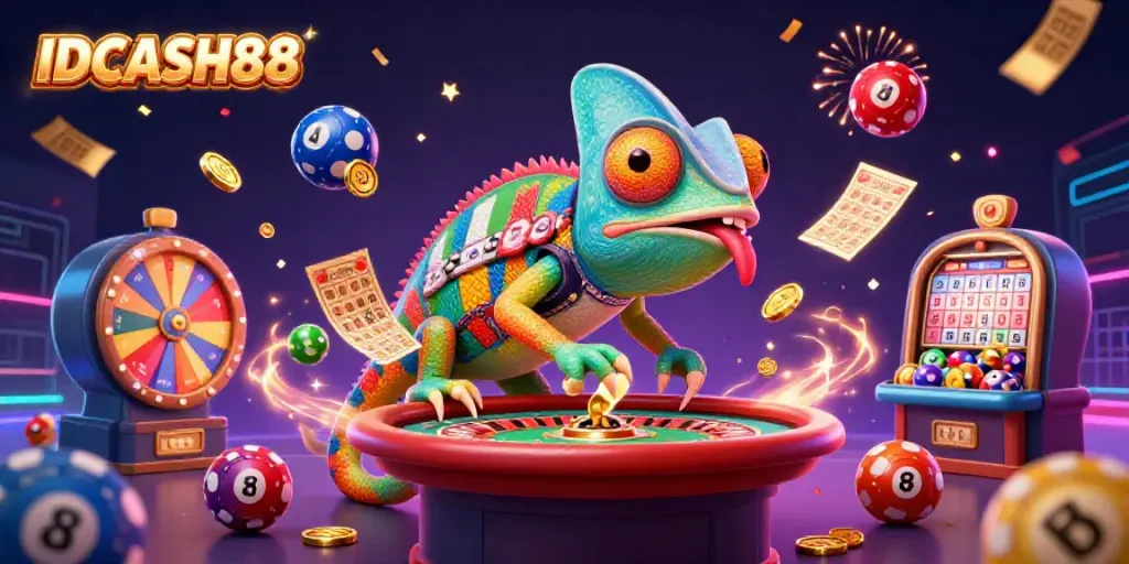 Engage with IDCASH88's lively casino scene featuring a colorful chameleon owner and exciting lottery elements.
