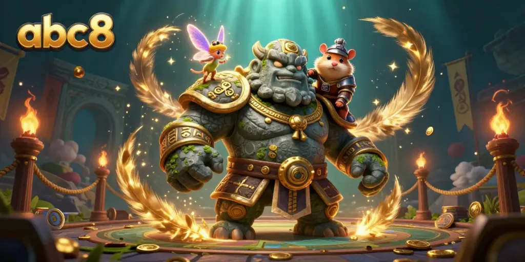 Exciting abc8 casino experience with a golem, fairy, and hamster knight amidst magical game elements.