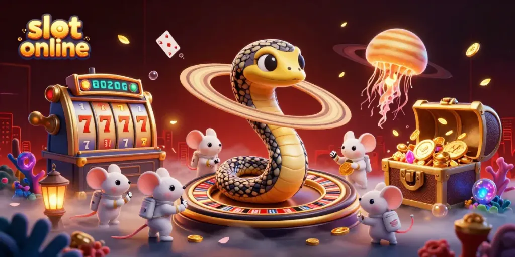 Spin and win with slot online, featuring cosmic characters betting on a roulette wheel in a vibrant casino scene.