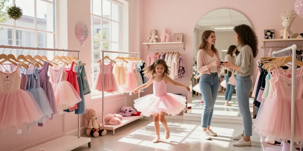 Tutu store featuring a young girl in a colorful tutu twirling joyfully with vibrant dancewear in the background.