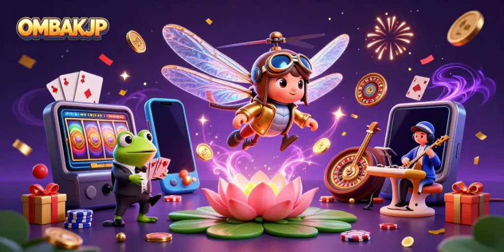 Spin the reels with OMBAKJP at a lily pad casino featuring vibrant characters and elements.