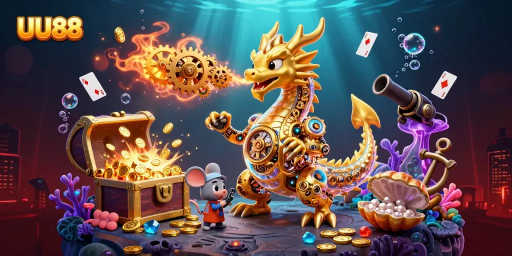 Experience thrilling gaming at UU88 with a golden dragon breathing gears amidst underwater treasures.