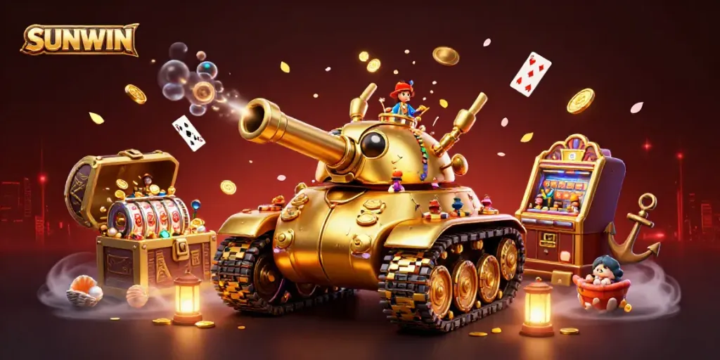 SUNWIN casino illustration showcasing a golden beetle tank with a vibrant miniature casino and slot machines.
