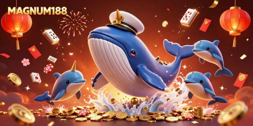 Engage with MAGNUM188 as the cartoon whale and friends celebrate with festive gambling elements.
