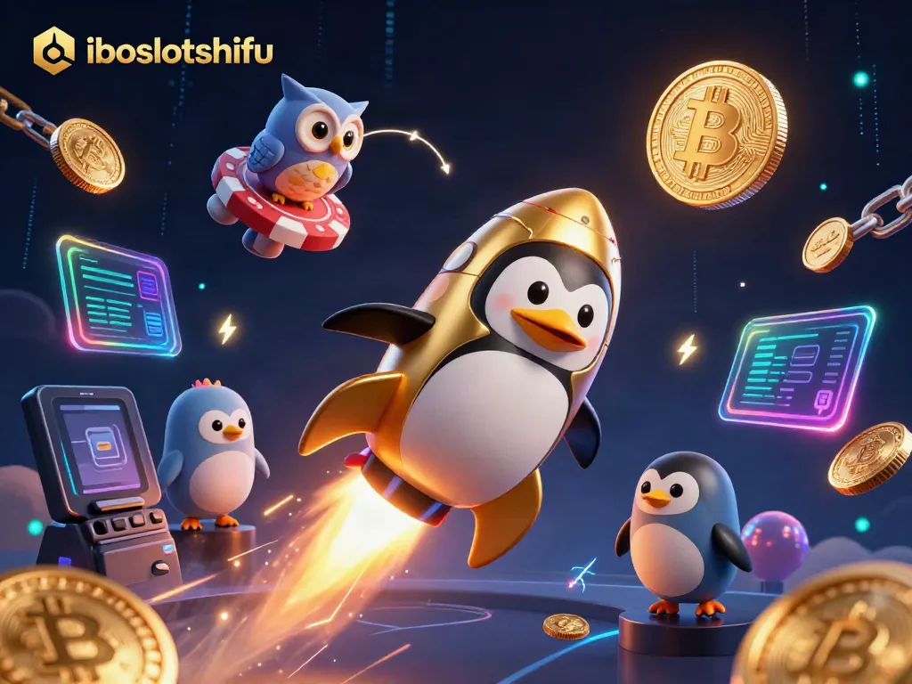 Experience the thrills of iboslotshifu in a vibrant space-themed casino illustration with a golden penguin.