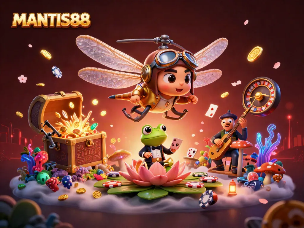 MANTIS88 delivers a thrilling casino scene with dynamic characters, exciting game elements, and vibrant details.