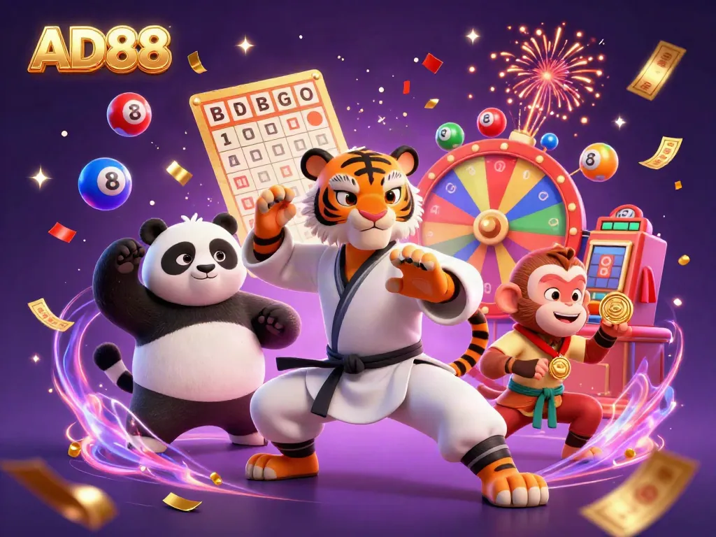 Engage with AD88 as a kung fu tiger master teaches winning strategies amidst colorful gaming elements.