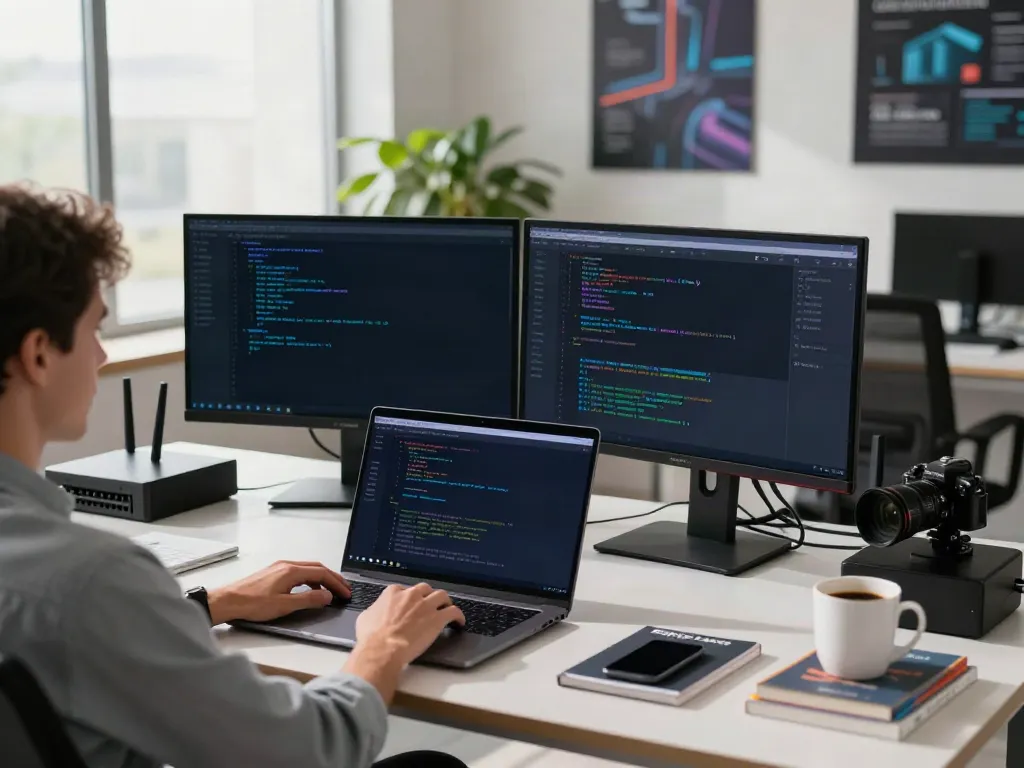 Analyzing v2rayN software in a modern tech workspace with dual monitors and networking equipment.
