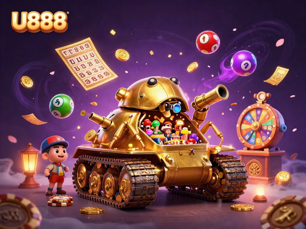Experience the lively U888 casino atmosphere with a playful golden beetle tank and dynamic gaming elements.
