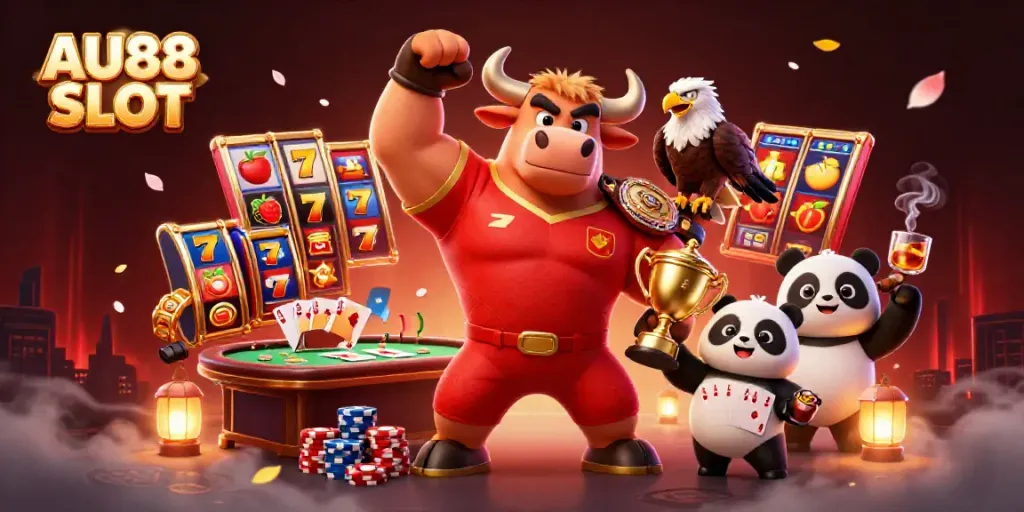 Engage with AU88 SLOT as a lively 3D bull, eagle, and panda celebrate with vibrant slot game elements.