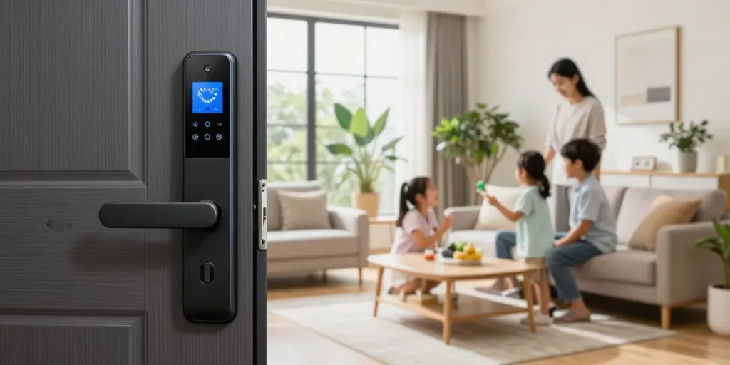 Smart lock on a stylish front door in a modern living room emphasizing home security.
