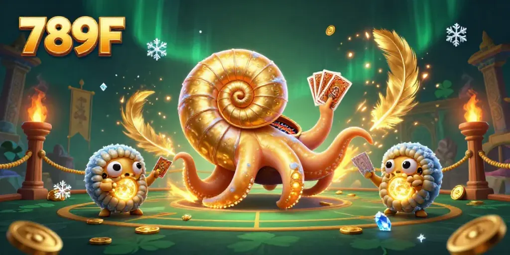 Experience the thrill of gaming at 789F with an ancient nautilus roulette wheel, vibrant casino elements, and glowing treasures.