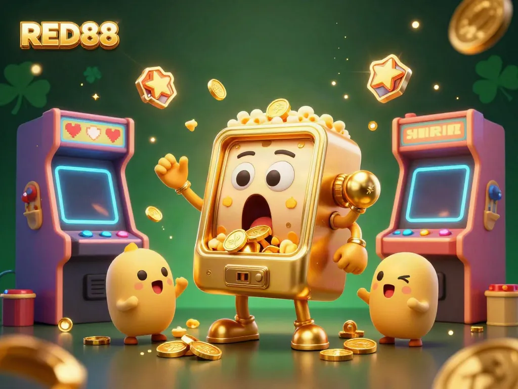 Experience the thrilling jackpot moment with RED88's animated slot machine as coins burst forth.