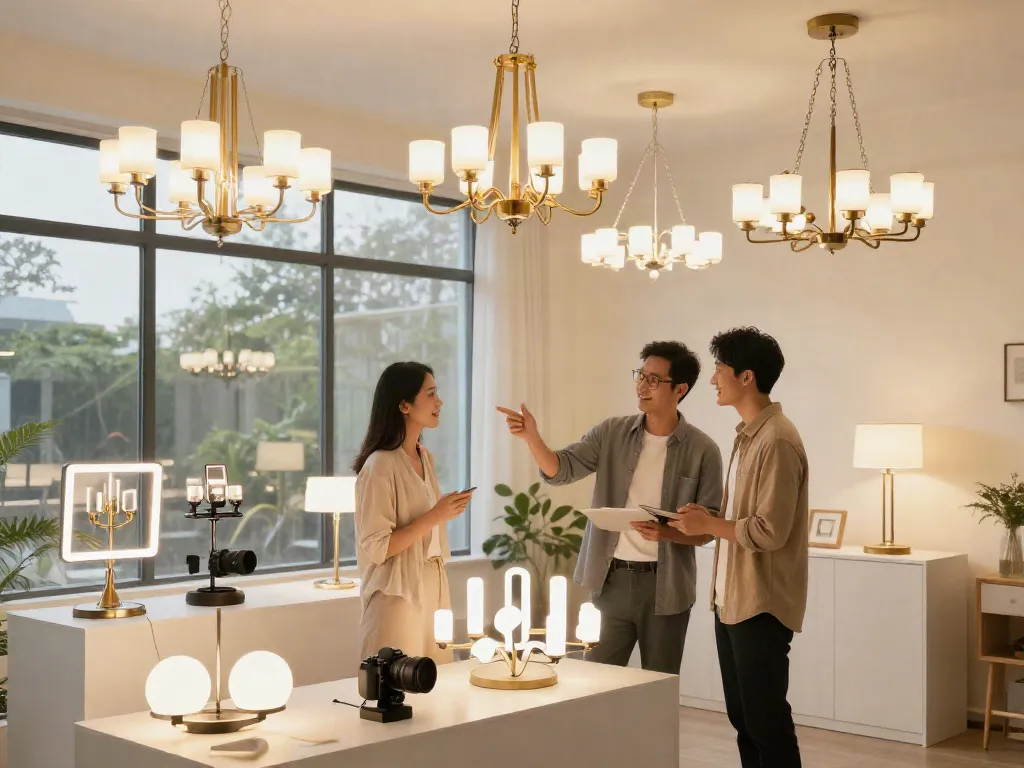 Diverse lustre LED într-un showroom local, prezentate de un designer profesionist.