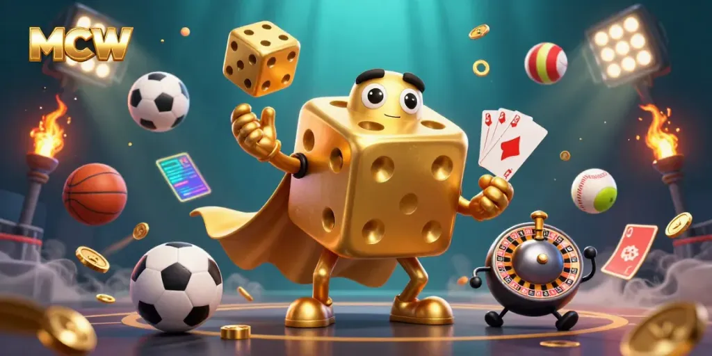 Engaging MCW gaming scene with golden dice golem and dynamic sports elements.