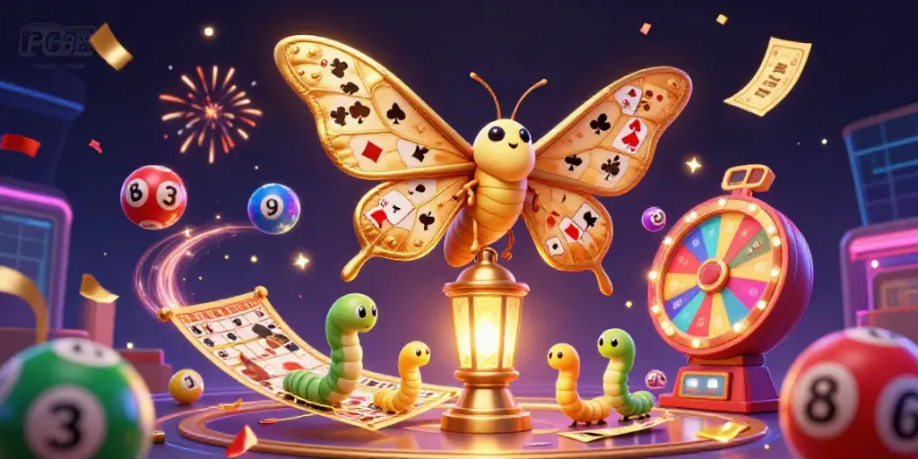 Experience the magic of PG88 with a vibrant 3D casino scene featuring an atlas moth, golden lantern, and lottery elements.