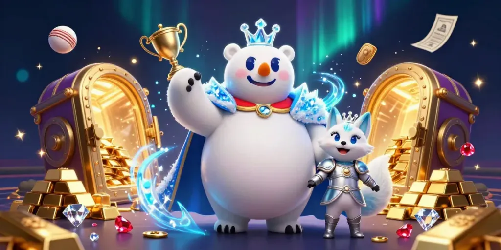 Engaging scene of Crickex showcasing a polar bear king and snow fox, surrounded by dynamic sports betting elements and treasure.