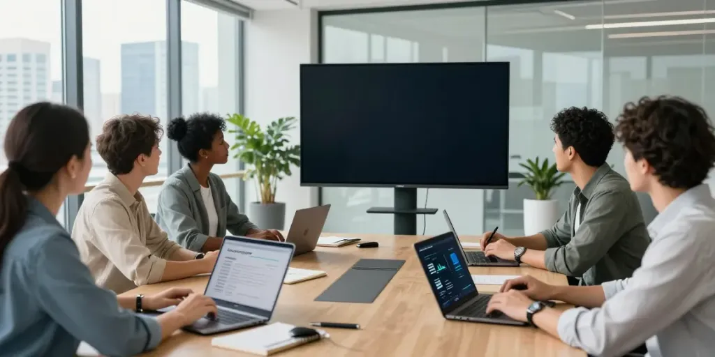 Team collaborating in a modern office during deepfake-protected meetings.