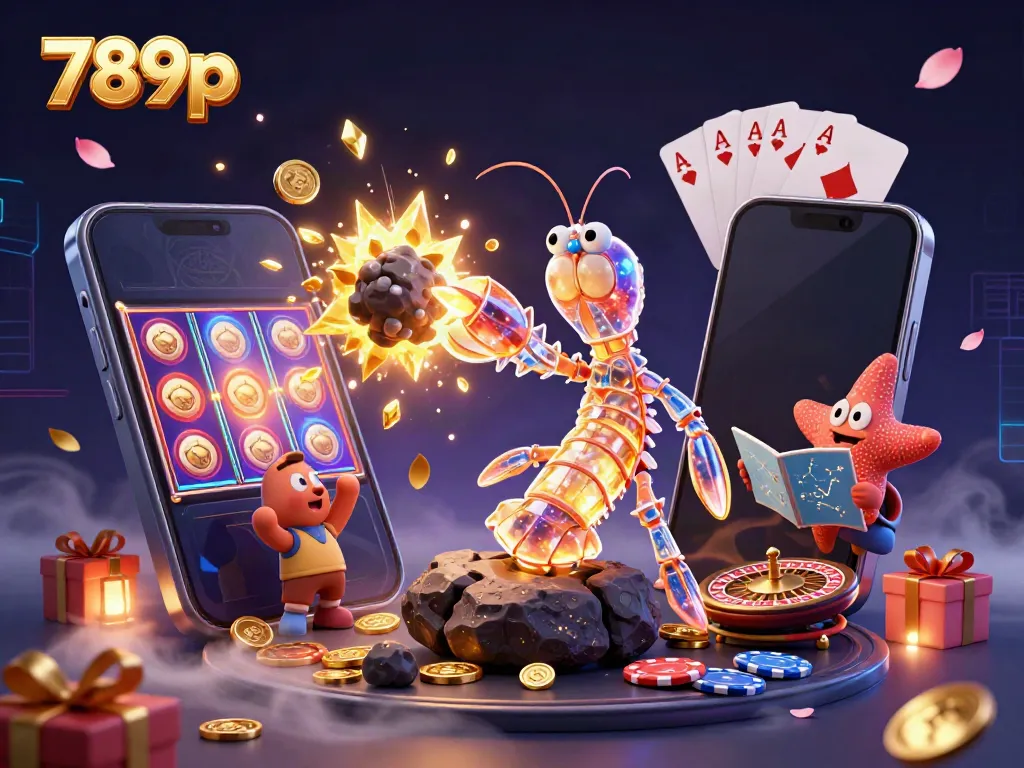Experience the thrill of 789p with a galactic samurai mantis shrimp amidst colorful slot games and treasure.