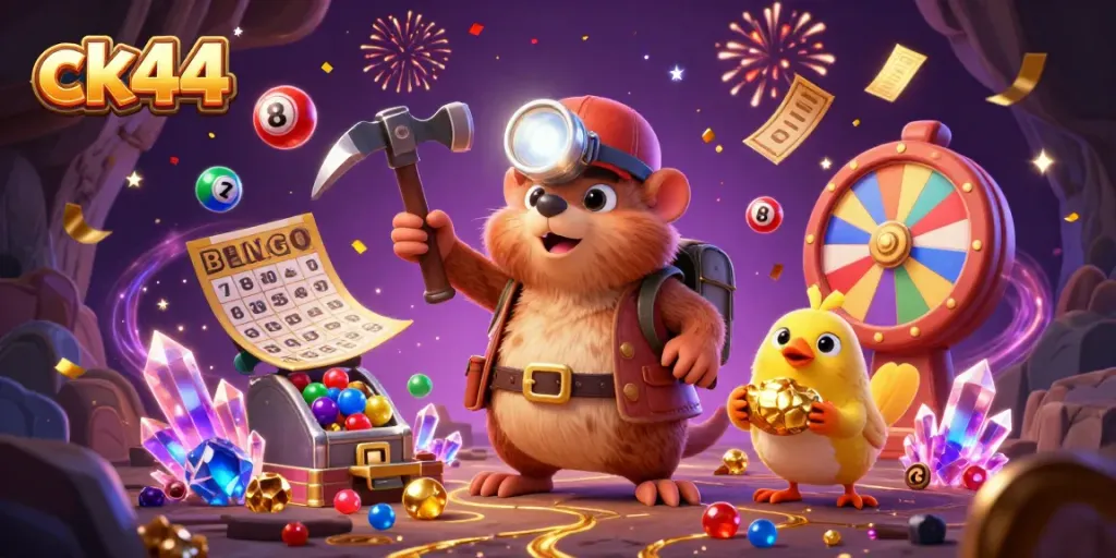 Engage with ck44's thrilling lottery scene featuring a treasure hunter mole and canary in a colorful, festive setting.