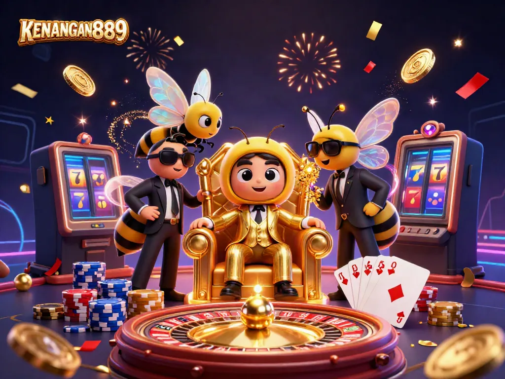 Experience the vibrant excitement of KENANGAN889 with a dynamic gaming scene featuring animated casino elements.