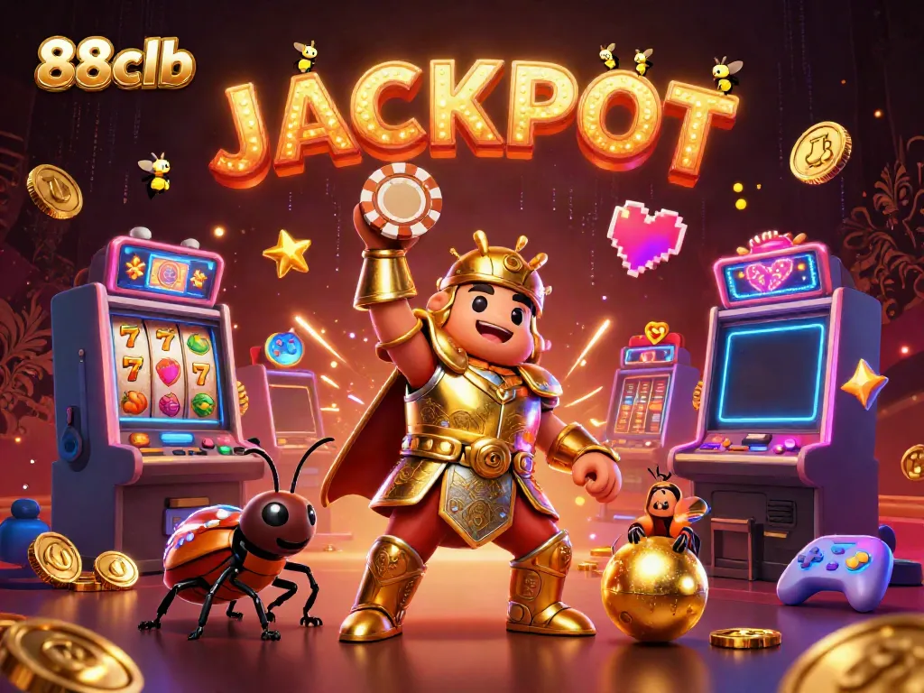 88clb's 3D beetle champions celebrate a jackpot victory among vibrant slot machines and gaming elements.