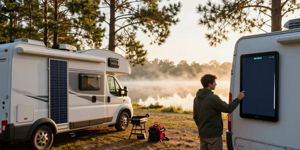 Checking rv lithium battery level at serene campsite.
