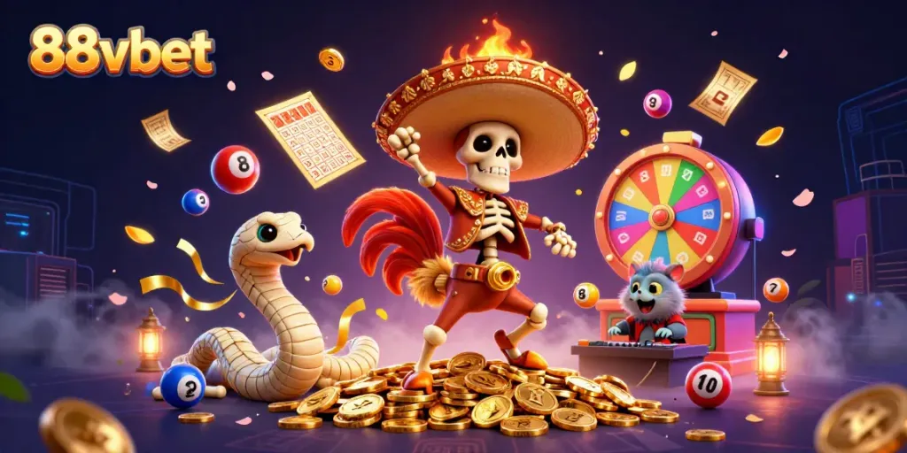 88vbet offers an exciting illustration of a victory dance with vibrant gaming elements.
