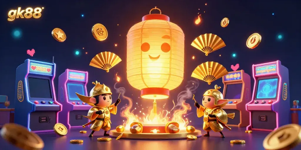 Experience the thrilling atmosphere of gk88 casino with a vibrant 3D illustration featuring lucky symbols and arcade elements.