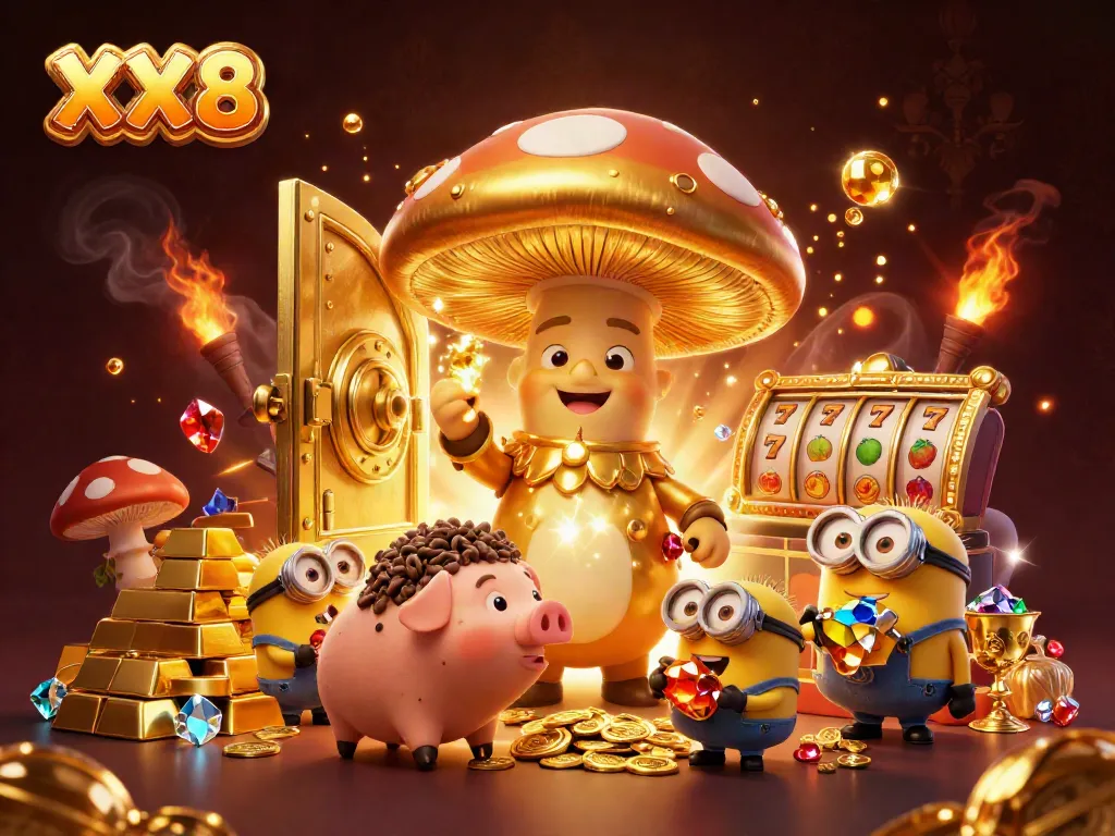 Experience the excitement of XX8 with a golden wizard and treasure in a lively casino scene.