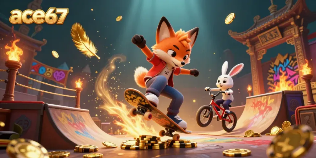 Experience ace67 with a vibrant 3D illustration of a fox performing tricks on golden poker chips, embodying the essence of casino excitement.