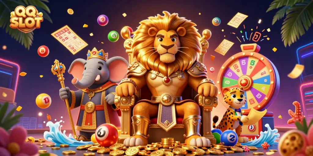 Experience the excitement of QQ SLOT with a vibrant 3D scene showcasing characters and game elements.