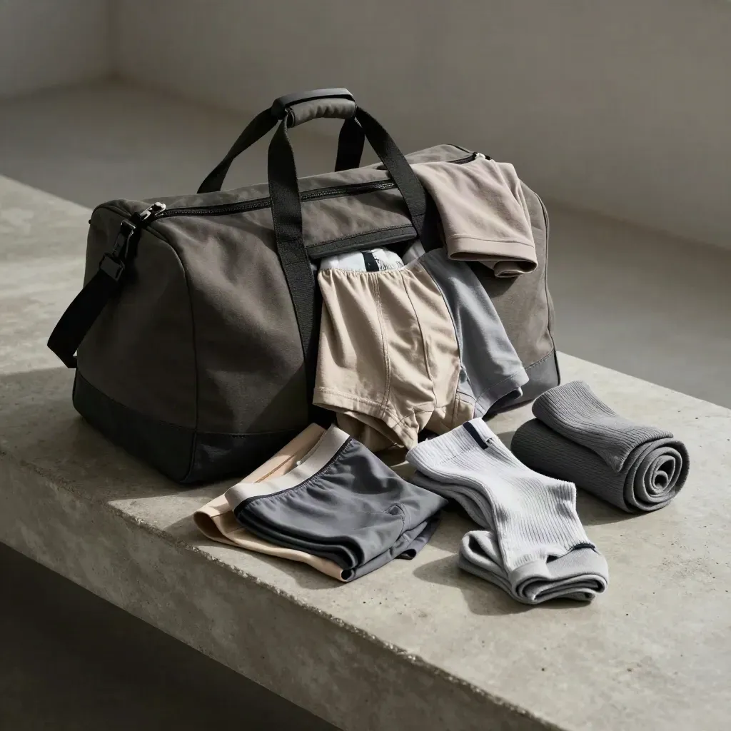 Open canvas duffel with boxer briefs, tees and socks spilling on a concrete bench
