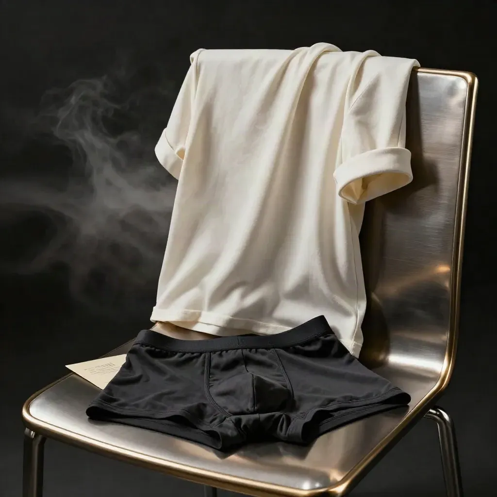 Cotton undershirt and boxer briefs draped on a brushed metal chair in a dark studio.