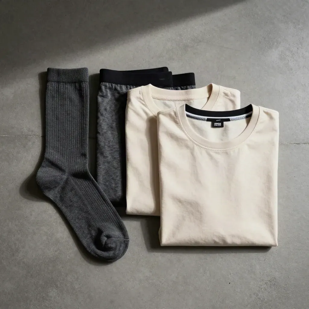 Overhead flatlay of trunks, crew sock and tee on concrete with soft directional shadows.