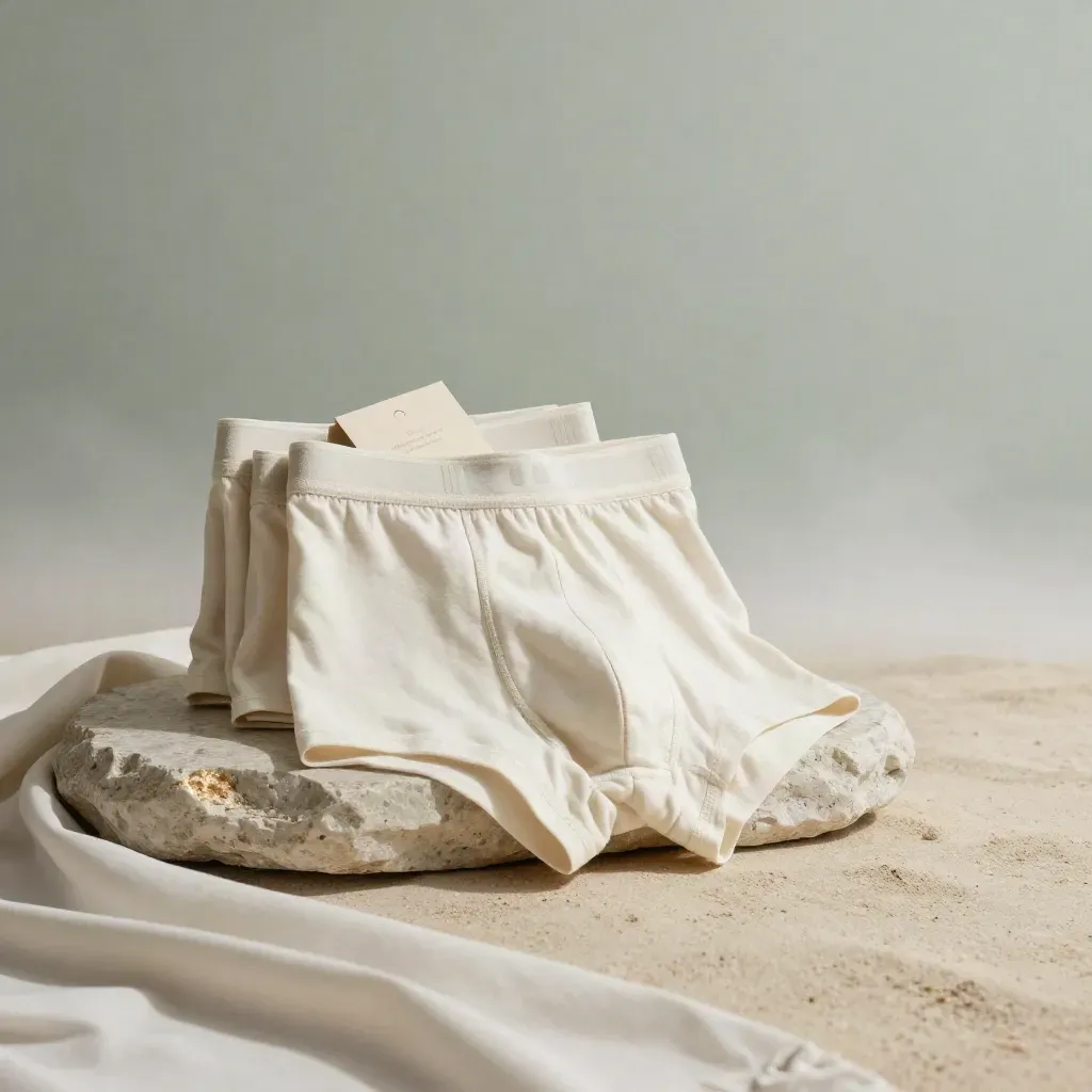Ivory boxer briefs stacked on stone with a tee in dawn mist.