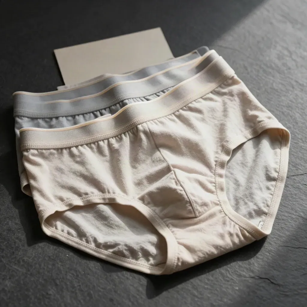 Macro of stacked boxer briefs nestled in ecru jersey over slate, with one waistband edge lit.