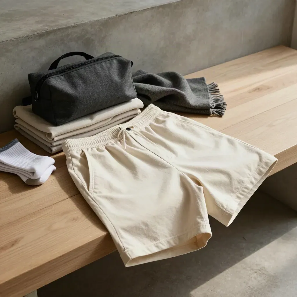Folded lounge shorts with wool throw, travel pouch and socks on pale wood beside a concrete bench.