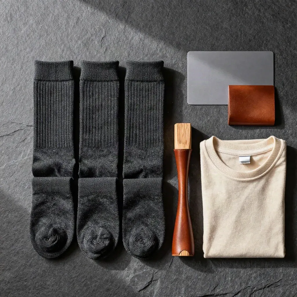 Top-down flatlay of rolled crew socks, shoe horn, cedar block and folded tee on graphite stone.
