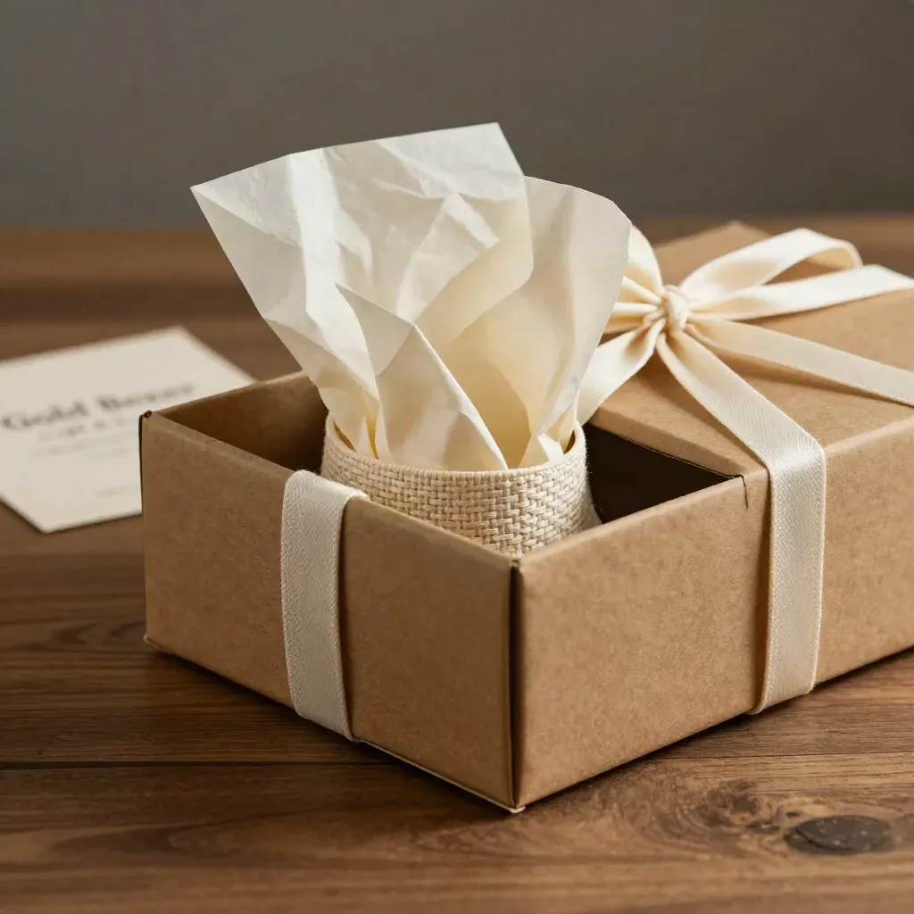 Open gift box with tissue, waistband peeking out, and tied cord on walnut wood.