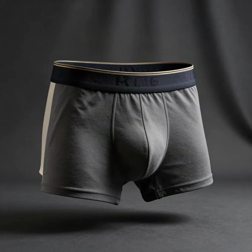 Three black boxer briefs stacked in a hero pose on charcoal with soft gold light.