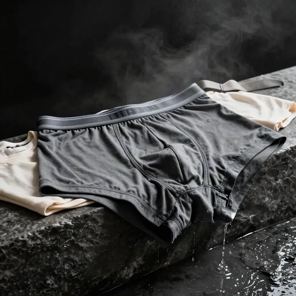 Charcoal boxer briefs draped on a wet stone ledge with a tee and duffel strap in cool spray.