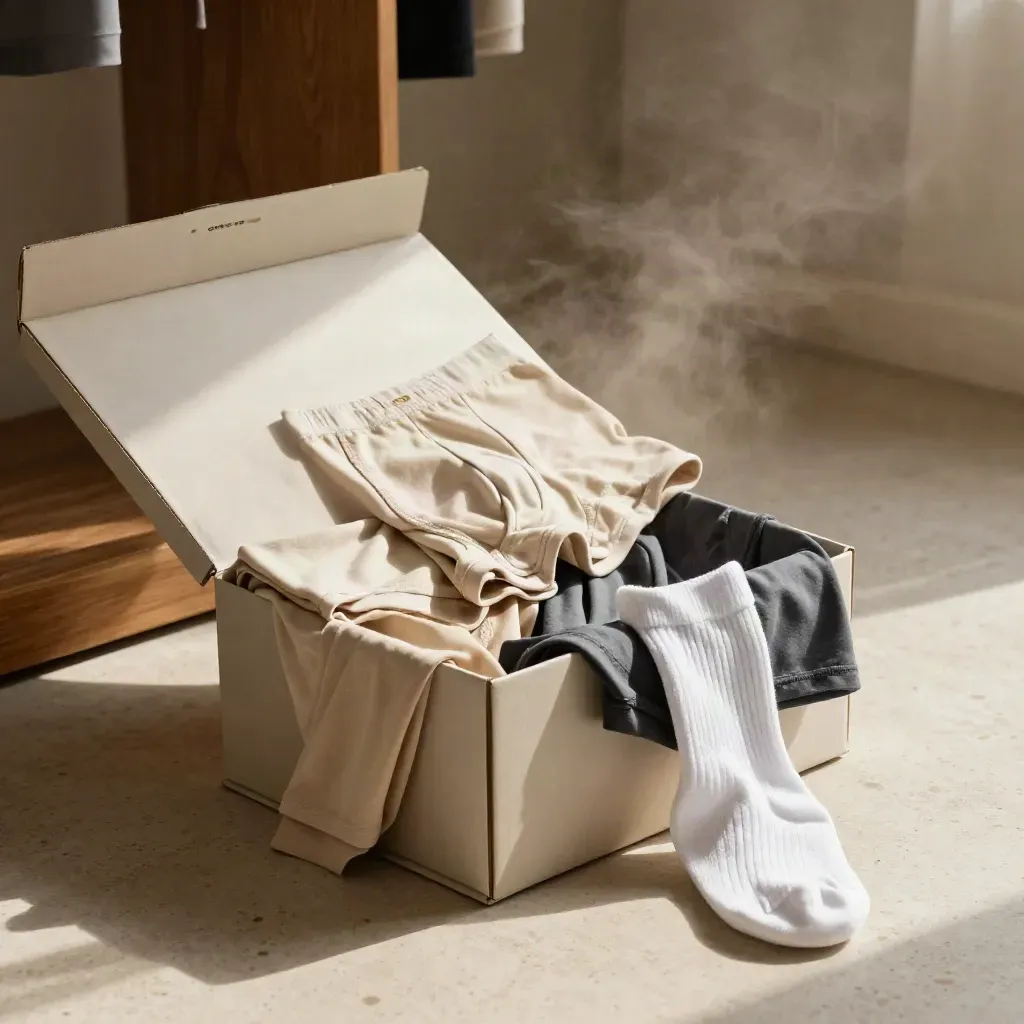 Open box spilling boxer briefs, trunks, tees and socks on travertine with soft daylight.