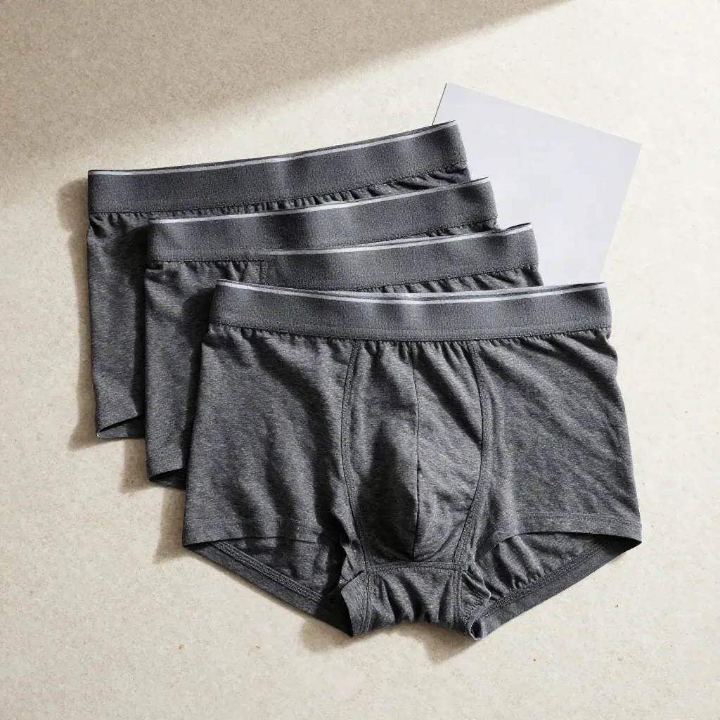 Charcoal boxer briefs fanned on pale stone with soft overhead shadows.