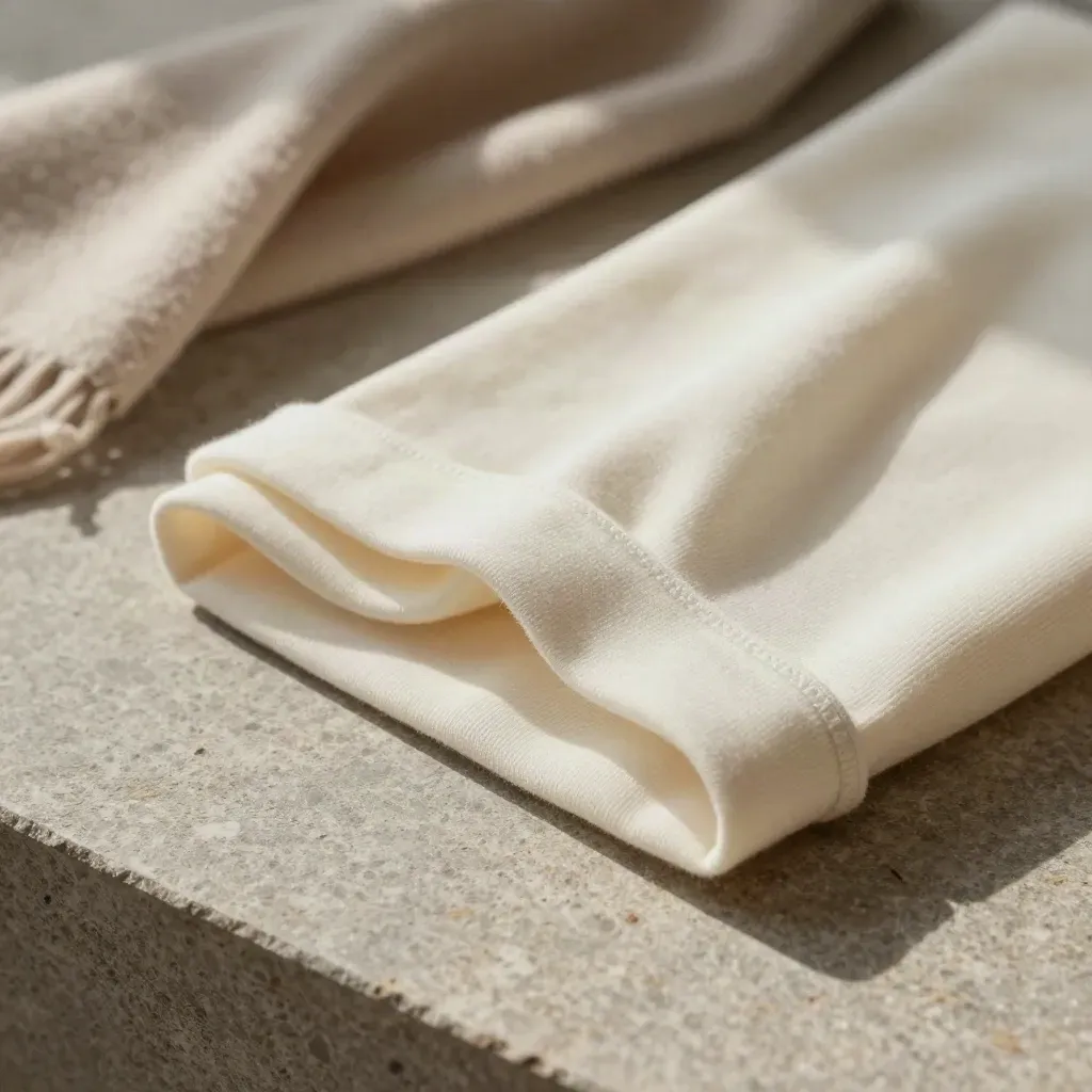 Two folded cotton tees on limestone beside a wool throw, close-up textile detail.