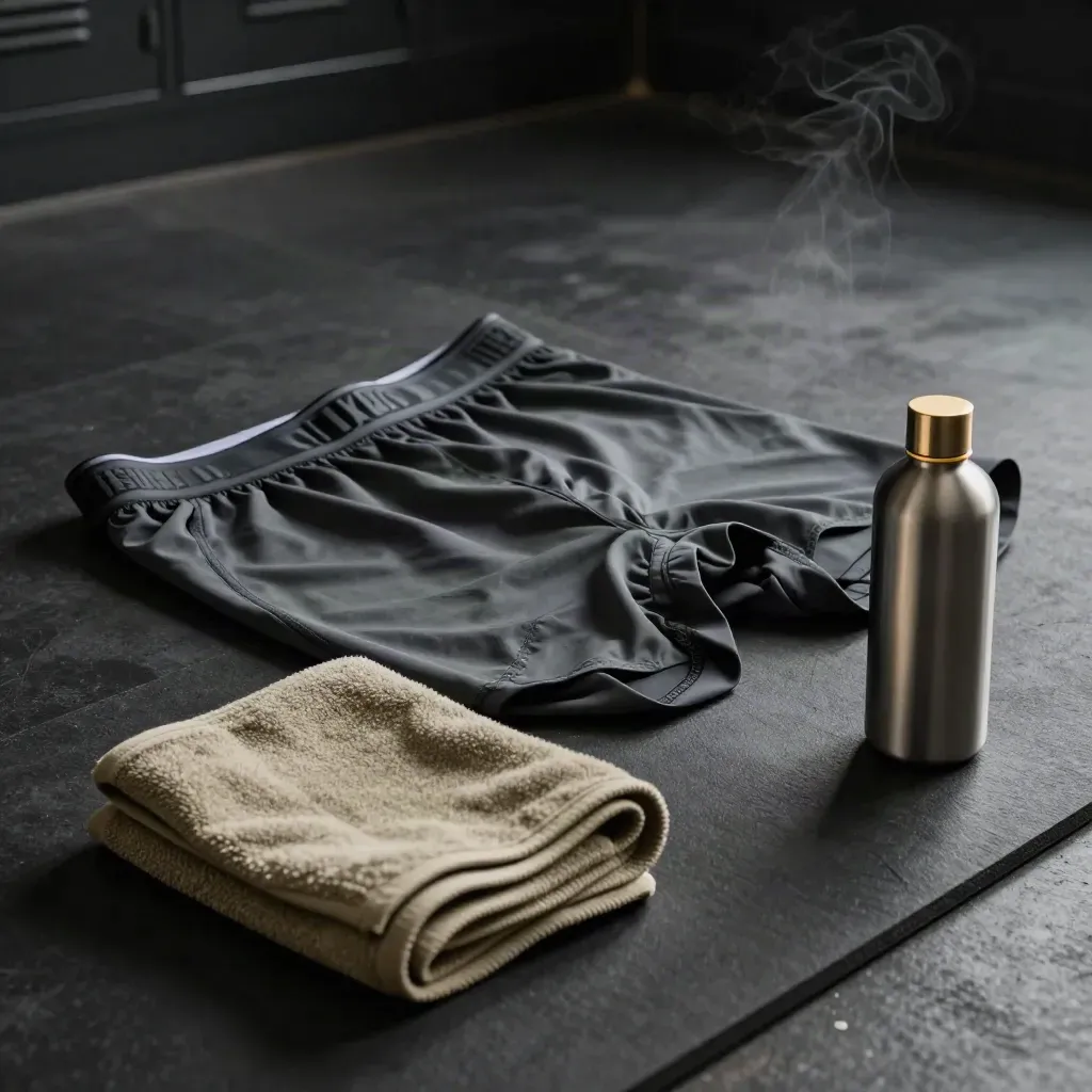 Dark performance trunks on a rubber mat with towel, bottle, vapor, and gold rim light.